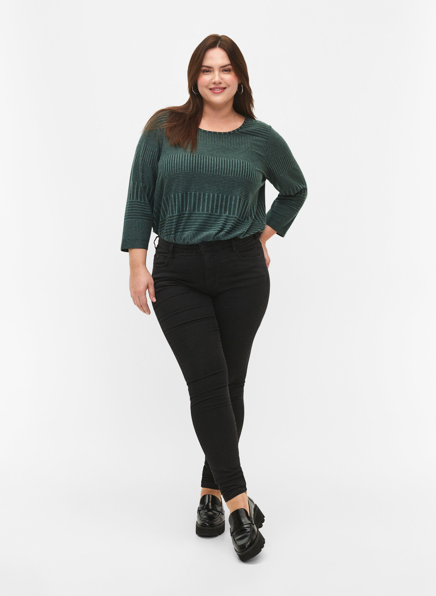 Zizzi Bluse med 3/4 &aelig;rmer og stribet m&oslash;nster, Scarab Melange, Model image number 2