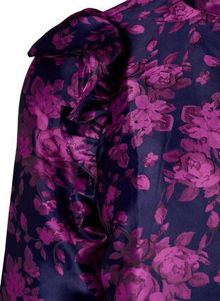 Blomstret jacquardbluse med flæsedetaljer, Dark Blue Pink, Packshot image number 3