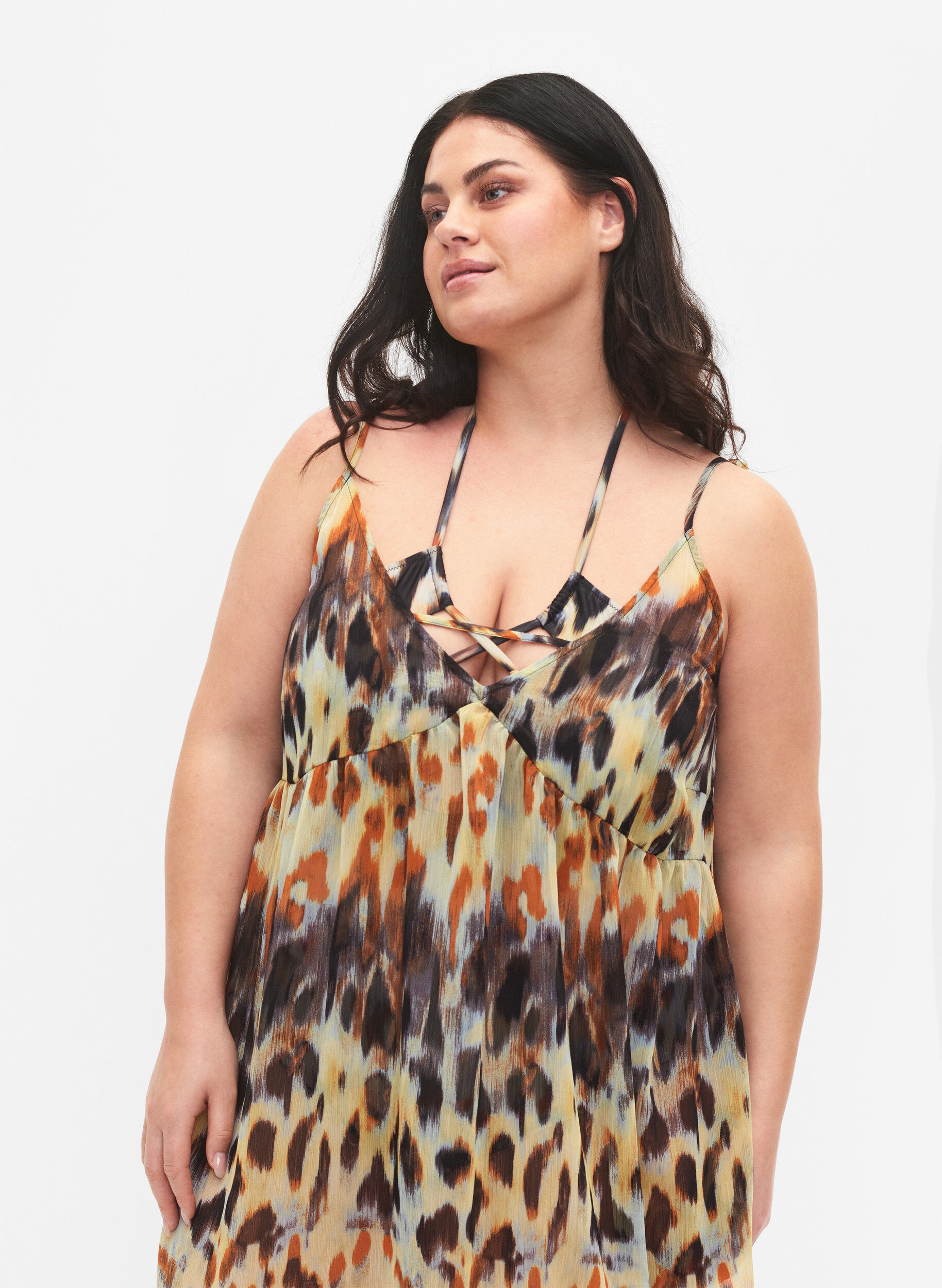 Zizzi Leoprintet strandkjole med stropper, Abstract Leopard, Model image number 2