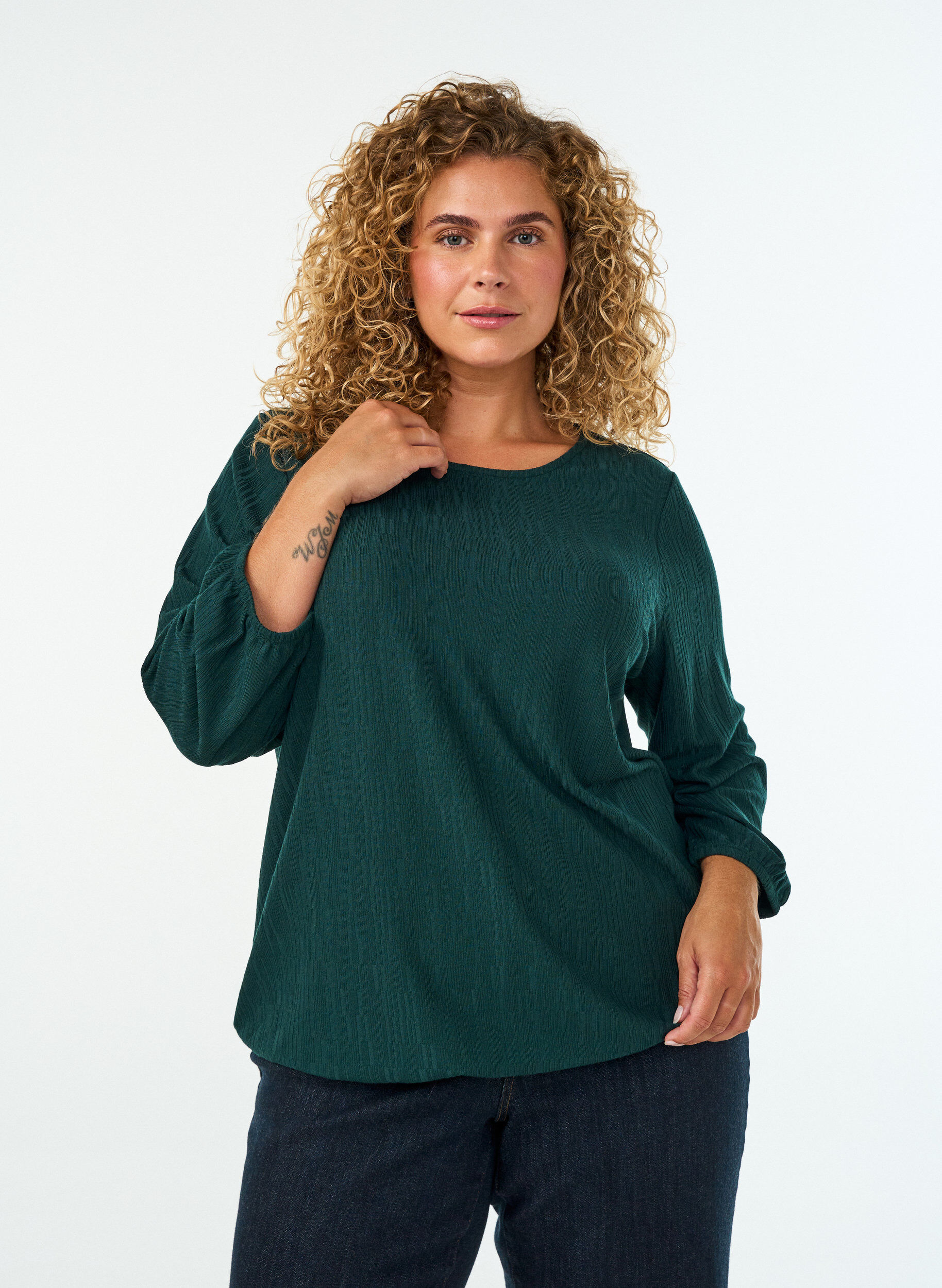 Bluse med struktur og 3/4 &aelig;rmer, Gr&oslash;n, Model