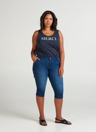 Slim fit capri jeans med lommer, Dark blue denim, Model image number 4