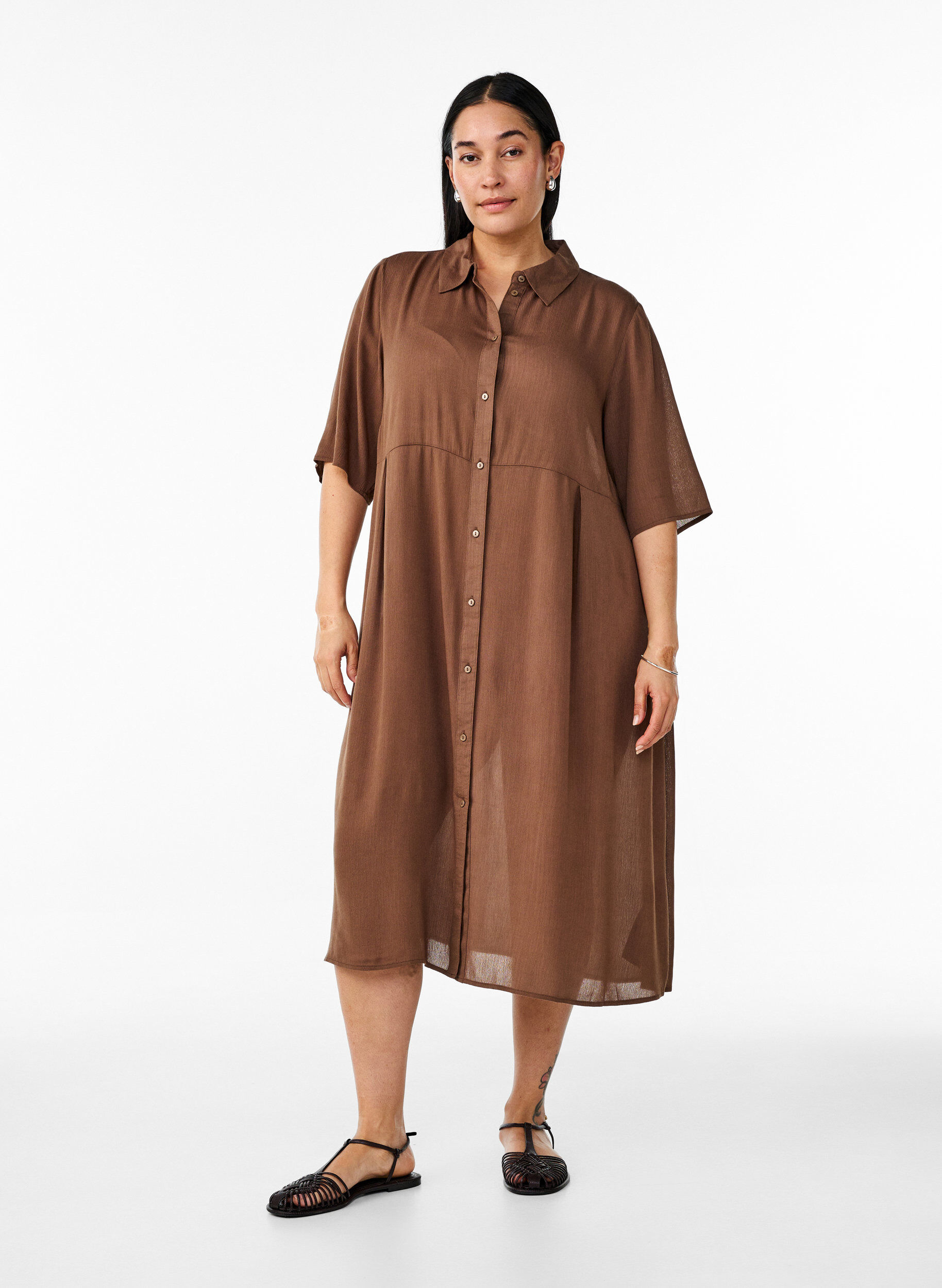 Zizzi Midilang skjortekjole med korte &aelig;rmer, Rain Drum, Model image number 2