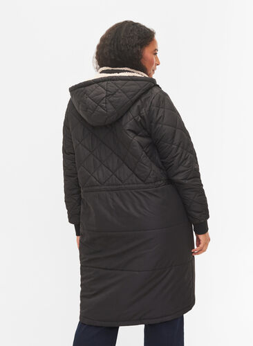 Quiltet jakke med hætte og justerbar talje, Black, Model image number 1