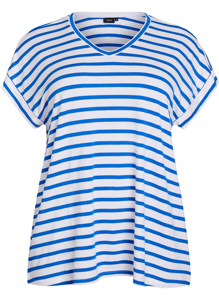 Stribet t-shirt med v-hals, Blå, Packshot image number 0