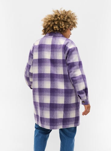 Ternet skjortejakke med knapper og lommer, Purple Check, Model image number 1