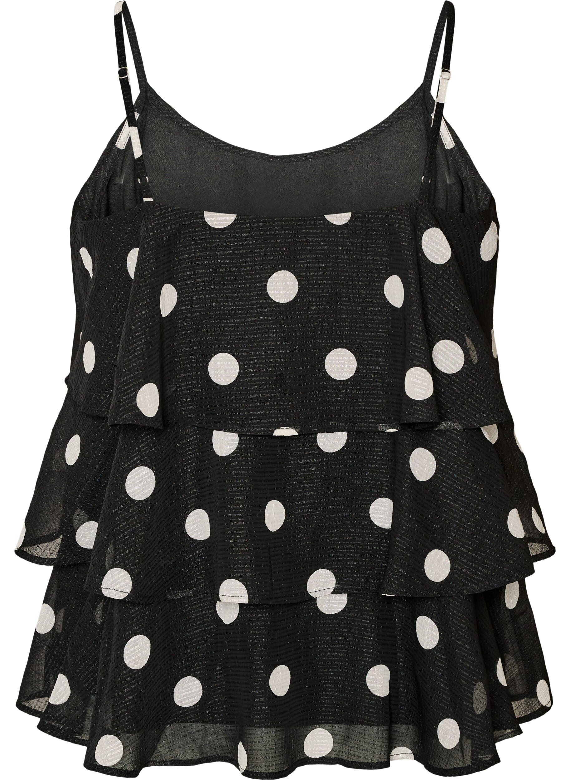 ZizziLagdelt top med fl&aelig;sevolanter og spaghettistropper, Sort, Packshot image number 1