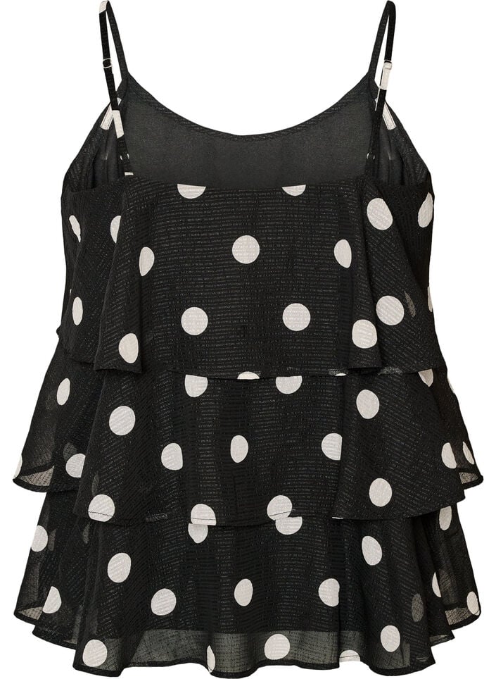 Lagdelt top med fl&aelig;sevolanter og spaghettistropper, Sort, Packshot