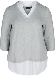 Meleret bluse med 3/4 ærmer og skjortedetaljer, Light Grey Melange