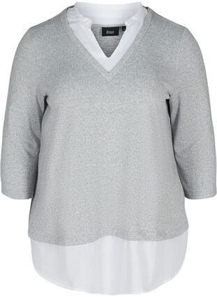 Meleret bluse med 3/4 ærmer og skjortedetaljer, Light Grey Melange, Packshot image number 0