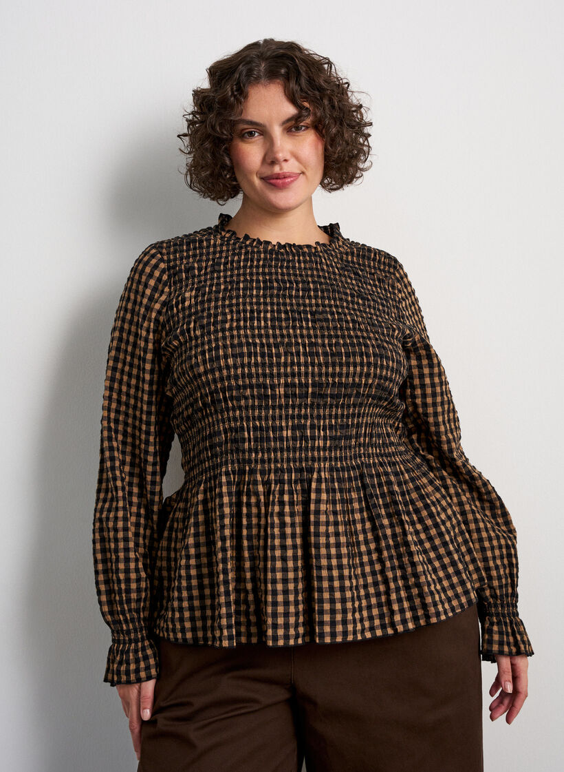 Ternet bluse med smock og peplum, Brun, Model image number 0