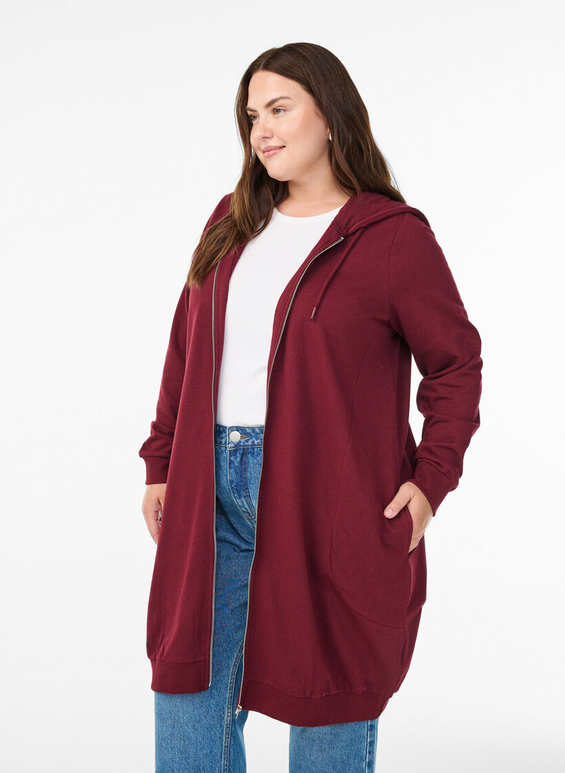 Lang bomulds sweat cardigan med h&aelig;tte, M&oslash;rk Bordeaux, Model image number 0