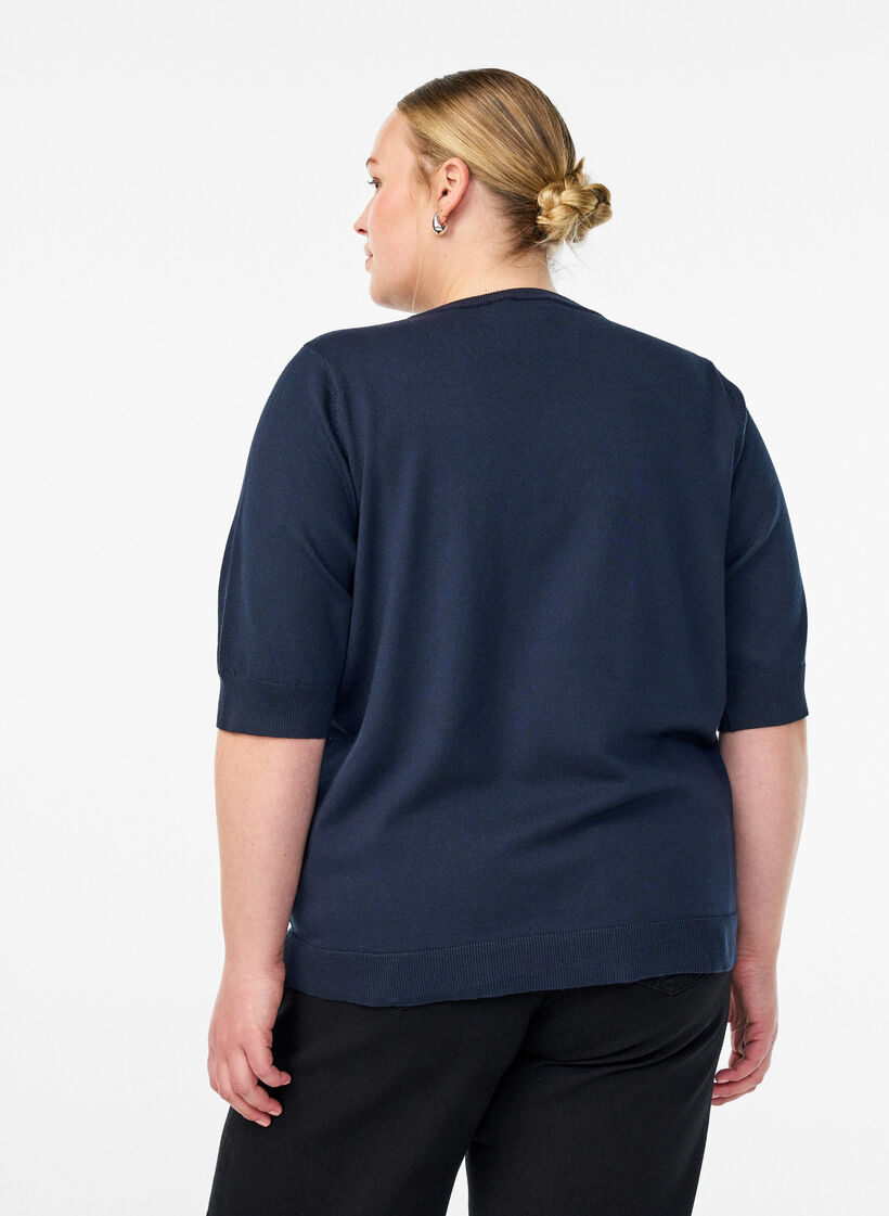 Finstrikket bluse med korte &aelig;rmer, Bl&aring;, Model image number 2
