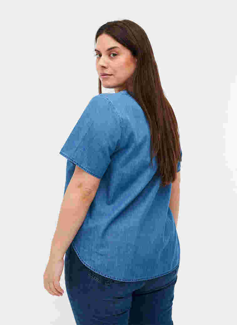 Kortærmet denim bluse i bomuld, Medium Blue Denim, Model image number 1