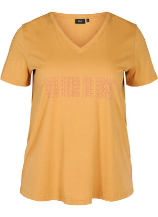 Økologisk bomulds t-shirt med v-hals og front print, Apple Cinnamon, Packshot image number 0