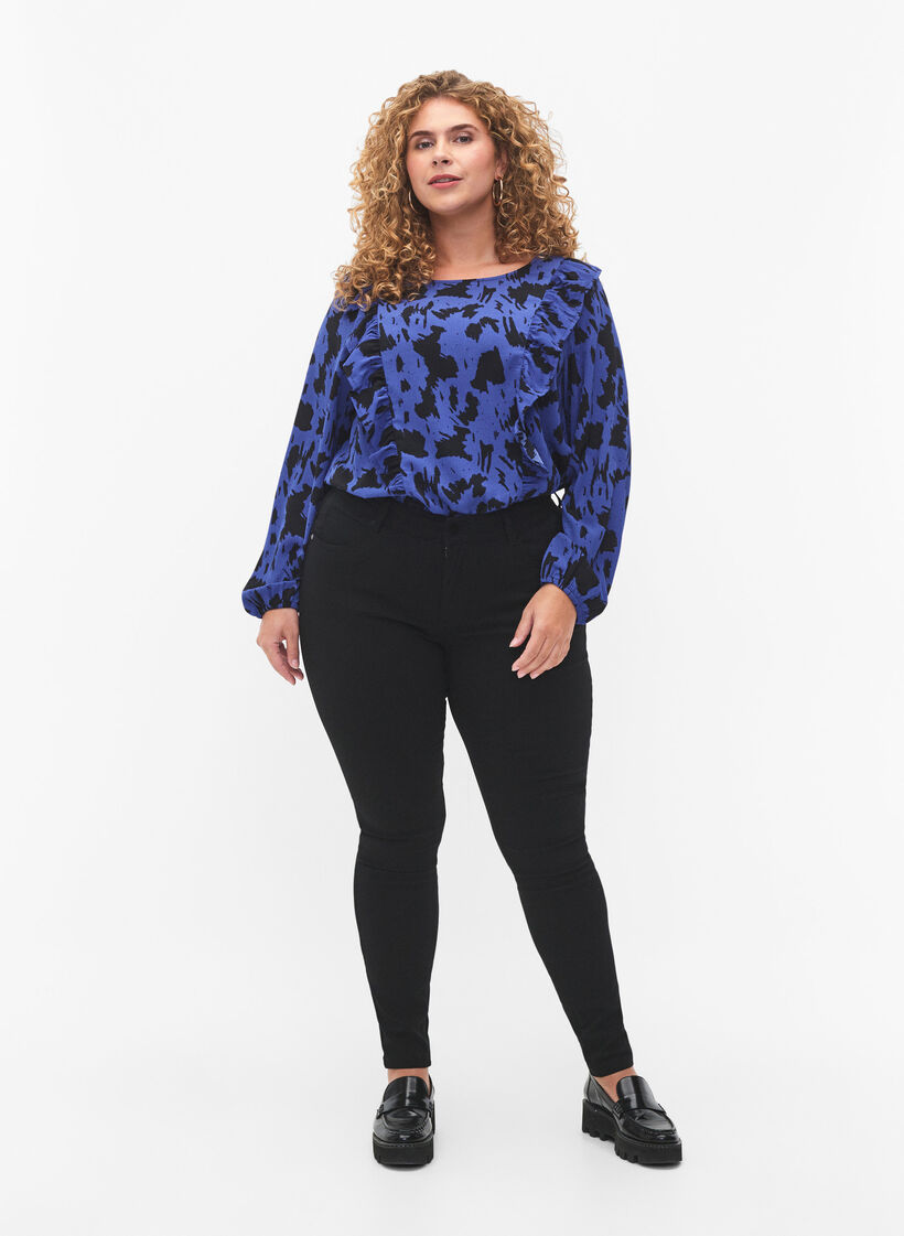 Langærmet bluse med flæser, Black Blue AOP, Model image number 2