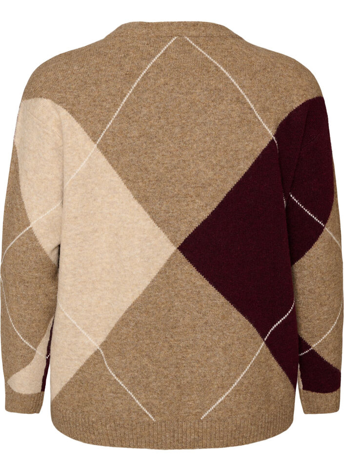 Strikbluse med harlekinm&oslash;nster, Brun, Packshot image number 1