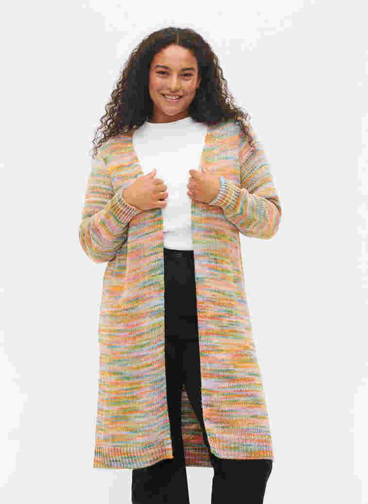 Lang mønstret strik cardigan i bomuldsblanding, Multi Color, Model