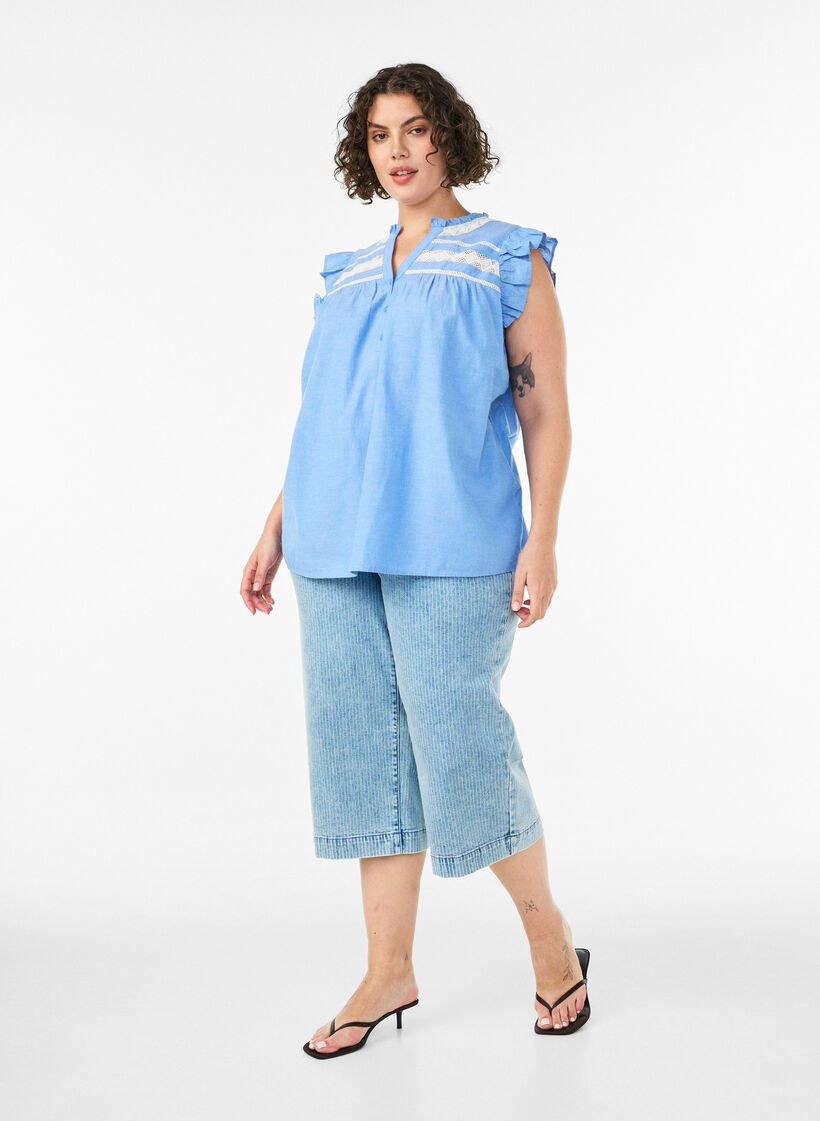 &AElig;rmel&oslash;s bluse i bomuld med fl&aelig;sekanter, Bl&aring;, Model image number 1