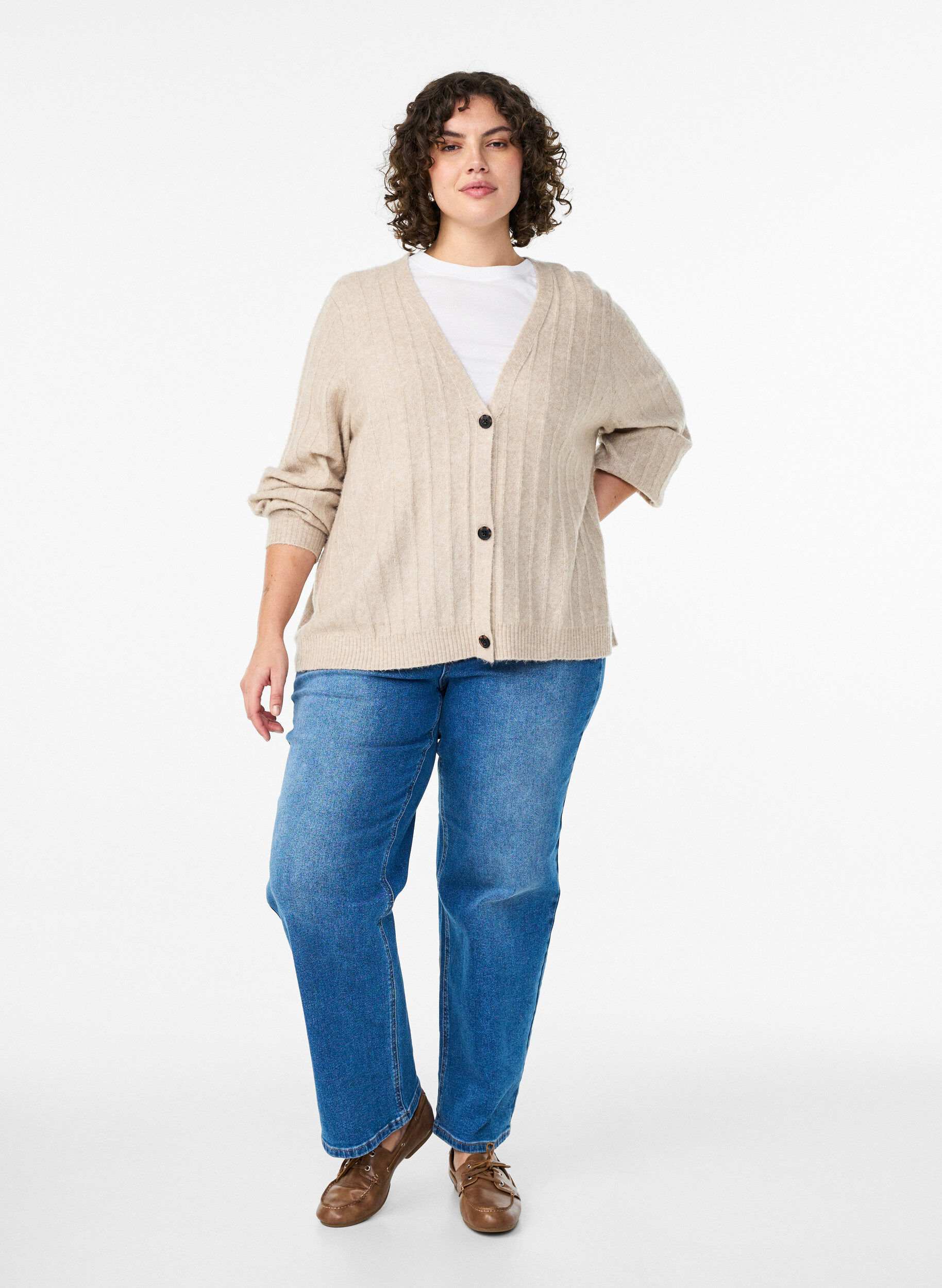 Zizzi Cardigan med ribstruktur og ballon&aelig;rmer, Beige, Model image number 1