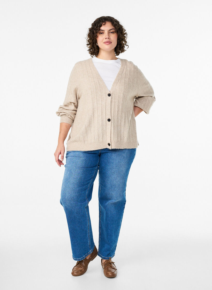 Cardigan med ribstruktur og ballonærmer, Beige, Model image number 1