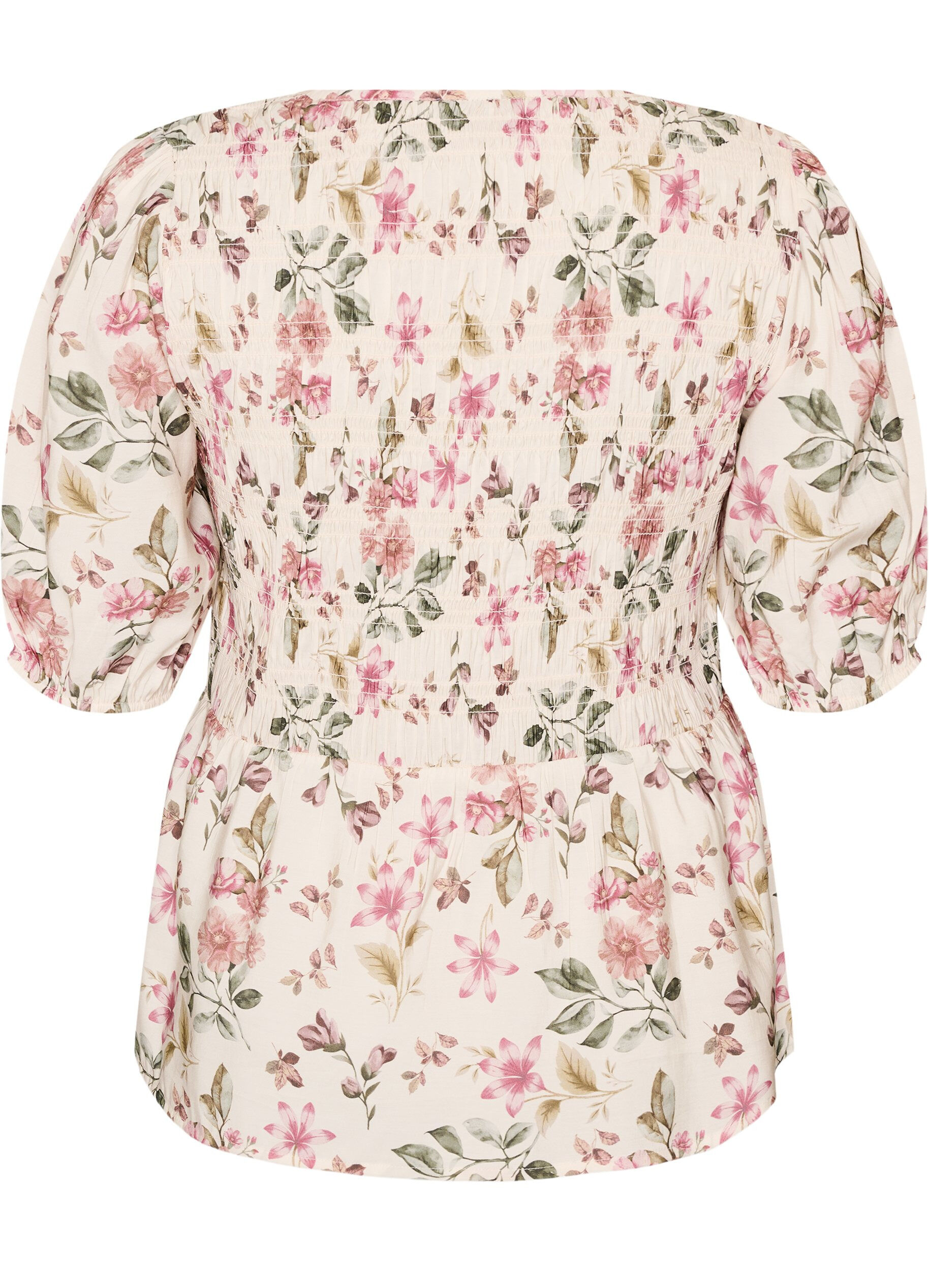 ZizziBluse i viskose med smock og peplum-effekt, Vanilla, Packshot image number 1