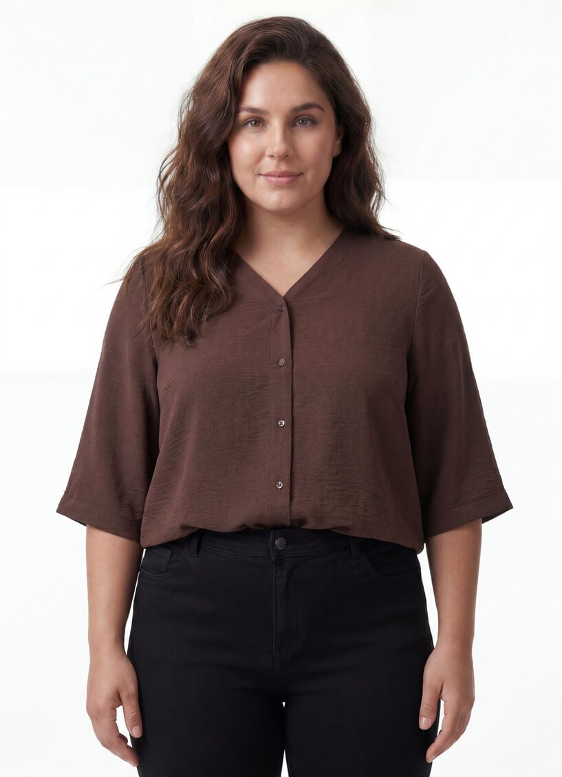Skjortebluse med V-udsk&aelig;ring og 3/4-&aelig;rmer, Brun, Model image number 0