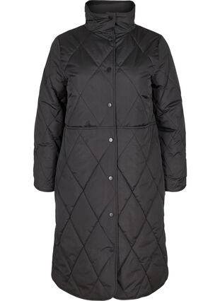 Lang quiltet jakke med høj krave og lommer, Black, Packshot image number 0