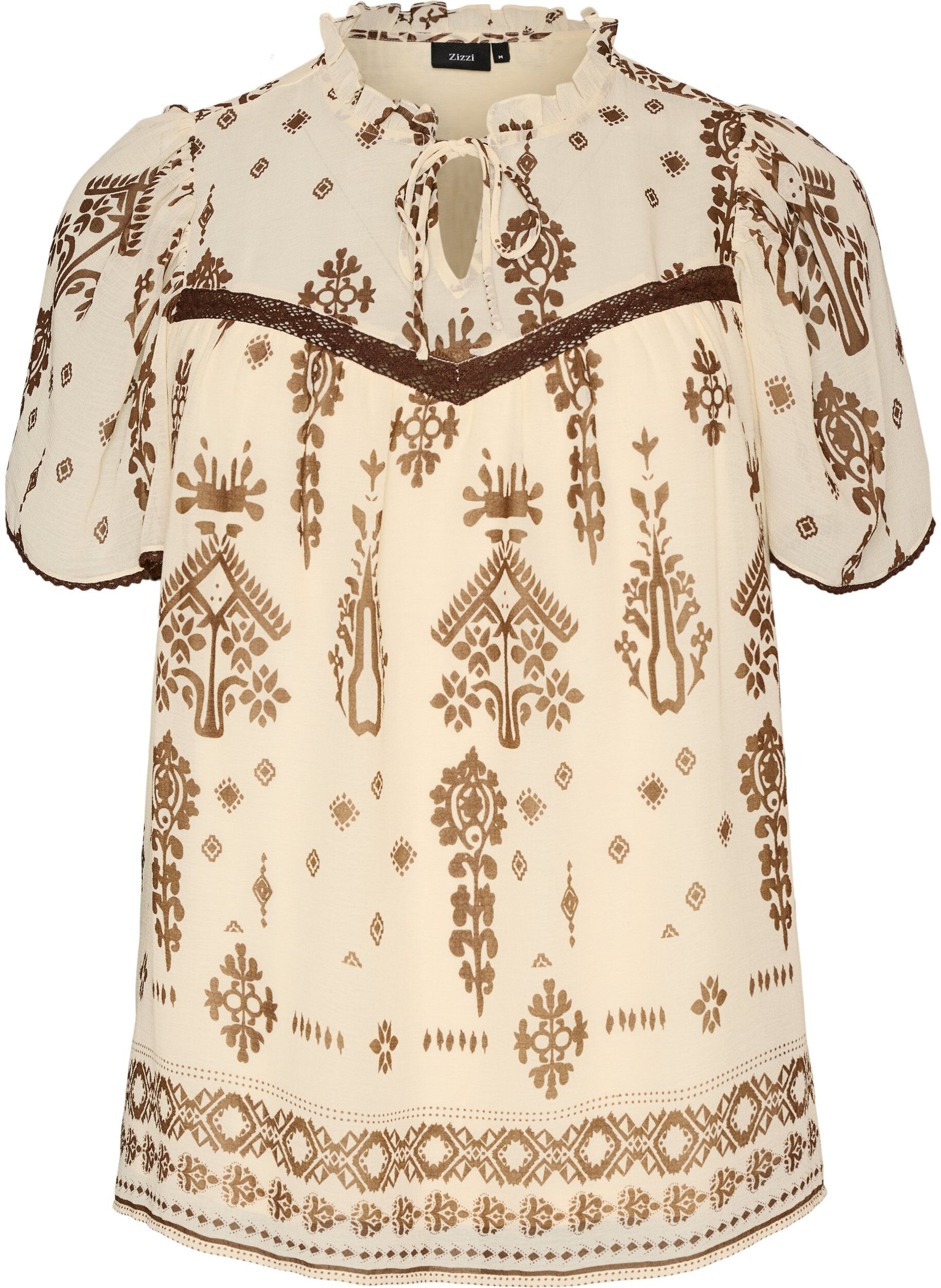 ZizziBluse med m&oslash;nster og crochetb&aring;nd, Beige, Packshot image number 0