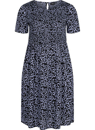 Printet viskose kjole med smock, Blue Dot, Packshot image number 0