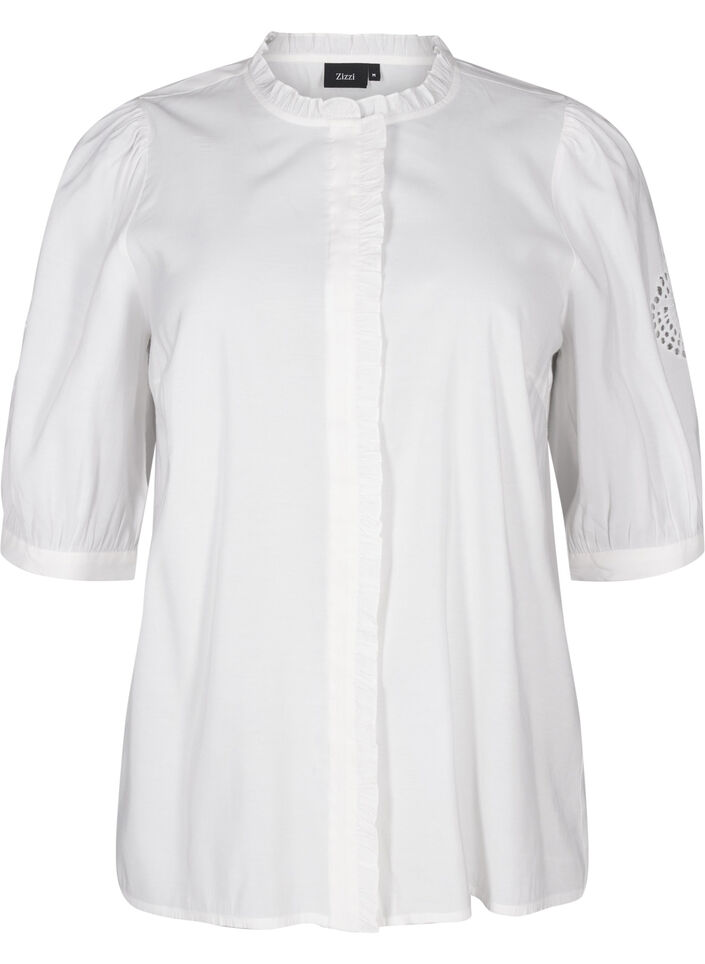 Skjortebluse med flæser og broderi anglaise, Hvid, Packshot image number 0