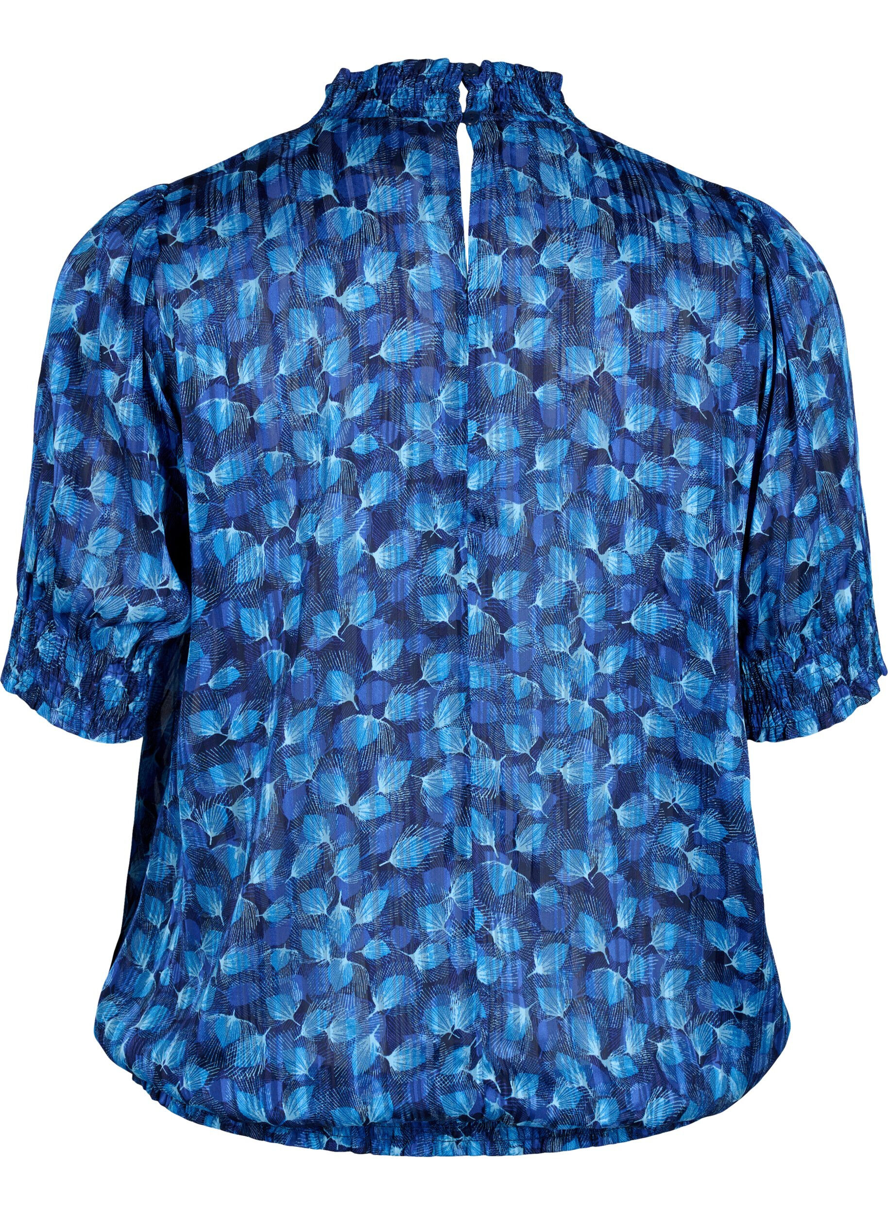 Zizzi Kort&aelig;rmet smockbluse med print, Navy Blazer Leaf AOP, Packshot image number 1