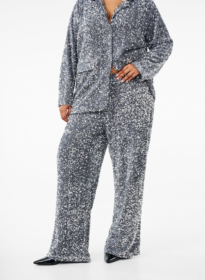 Løse pailletbukser med høj talje, Silver, Model image number 2