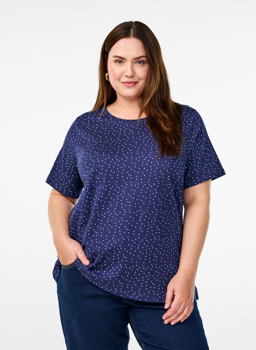 T-shirt i økologisk bomuld med prikker, Blå, Model image number 0