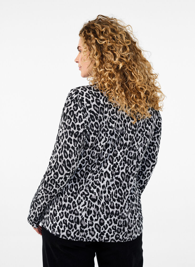 Langærmet bluse med leopardprint, Grå, Model image number 2