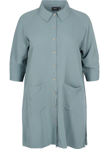 Lang viskoseskjorte med lommer og 3/4 ærmer, Balsam Green, Packshot image number 0