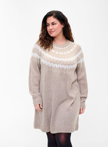 Mønstret strikkjole med uld, Simply Taupe Comb, Model image number 0
