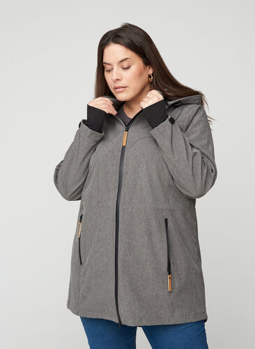 Softshell jakke med hætte og lommer, Medium Grey Melange, Model image number 0
