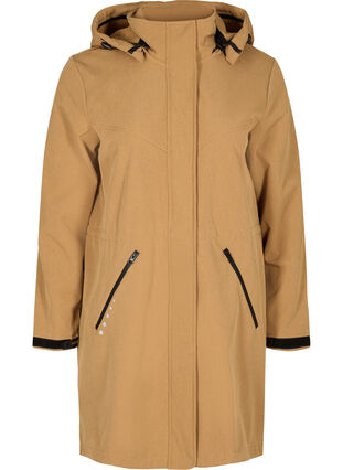 Lang softshell jakke med hætte, Golden Brown Mel., Packshot image number 0