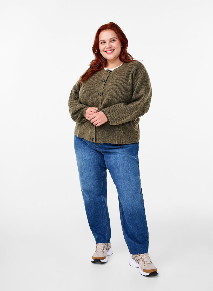 Ribstrikket cardigan med knapper, Grøn, Model image number 1