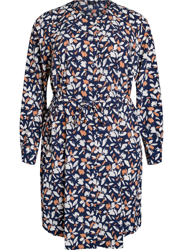 Langærmet skjortekjole med bindebånd, Blå, Packshot image number 0