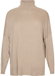 Strikbluse med rullekrave og l&oslash;s pasform, Beige
