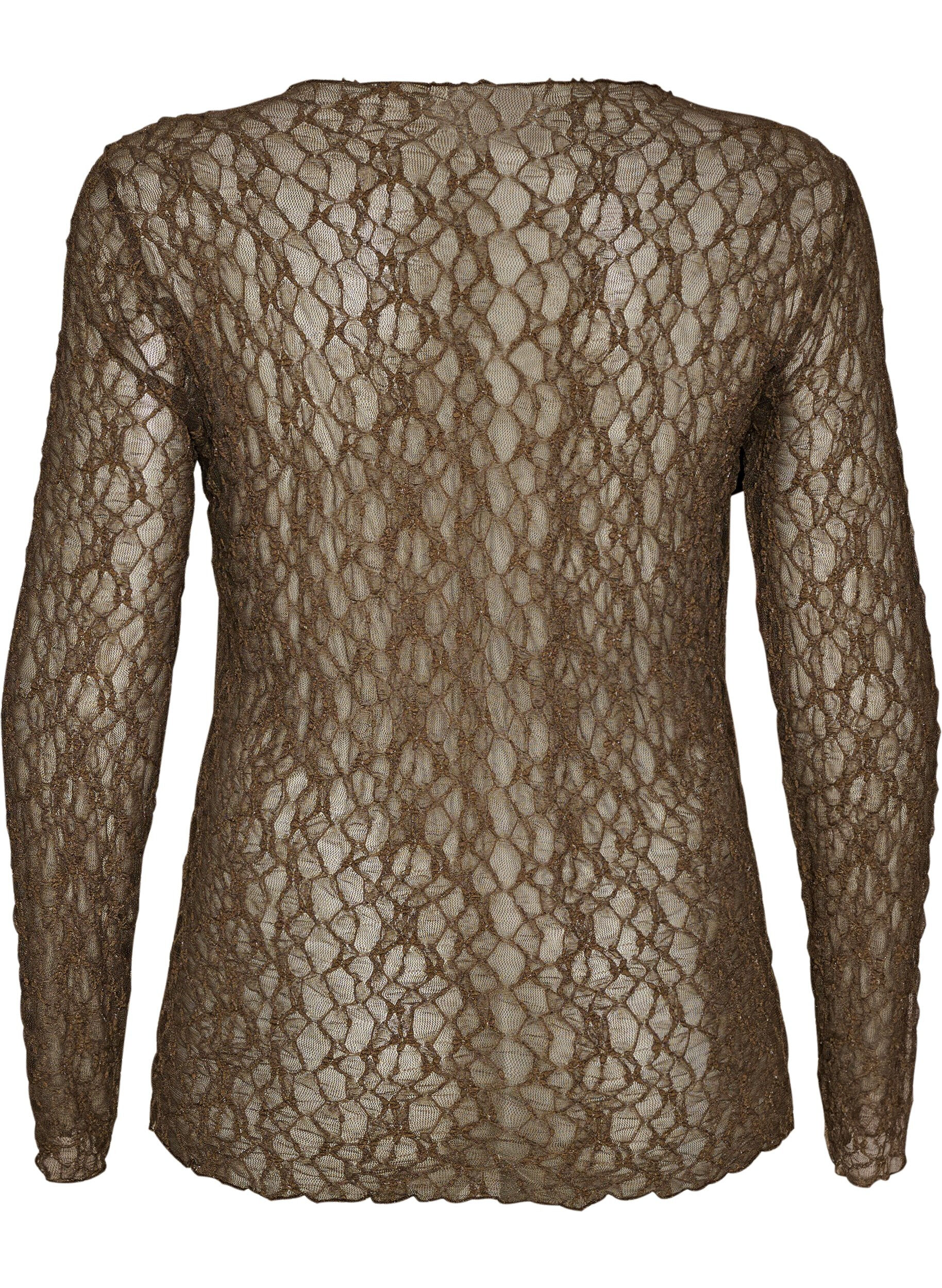 ZizziMeshbluse med m&oslash;nster og glimmertr&aring;d, Brun, Packshot image number 1