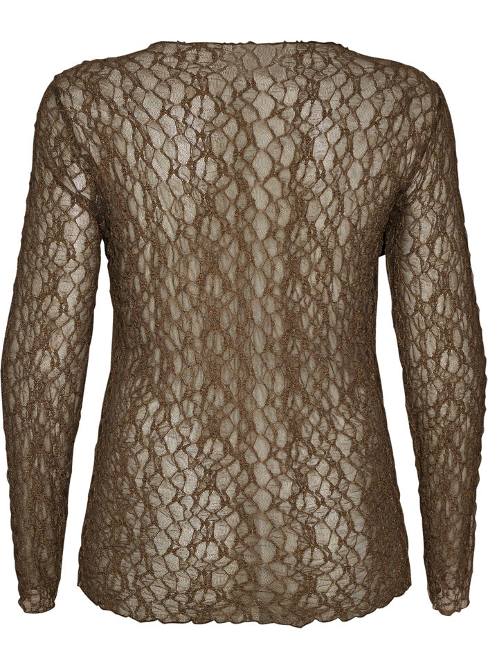 Meshbluse med m&oslash;nster og glimmertr&aring;d, Brun, Packshot image number 1