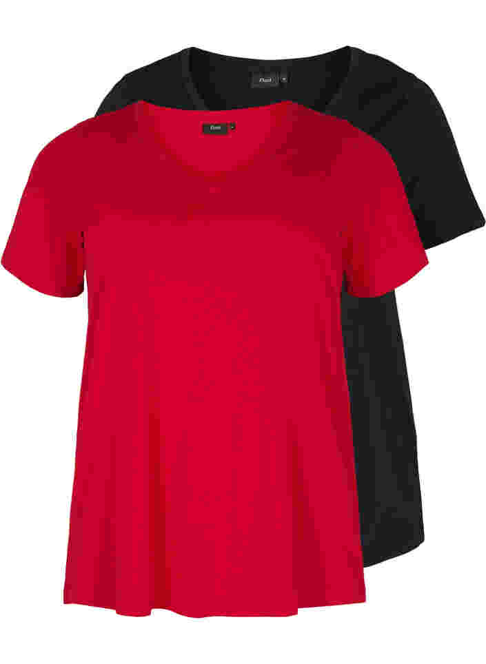 2-pak basis t-shirt i bomuld, Tango Red/Black, Packshot image number 0