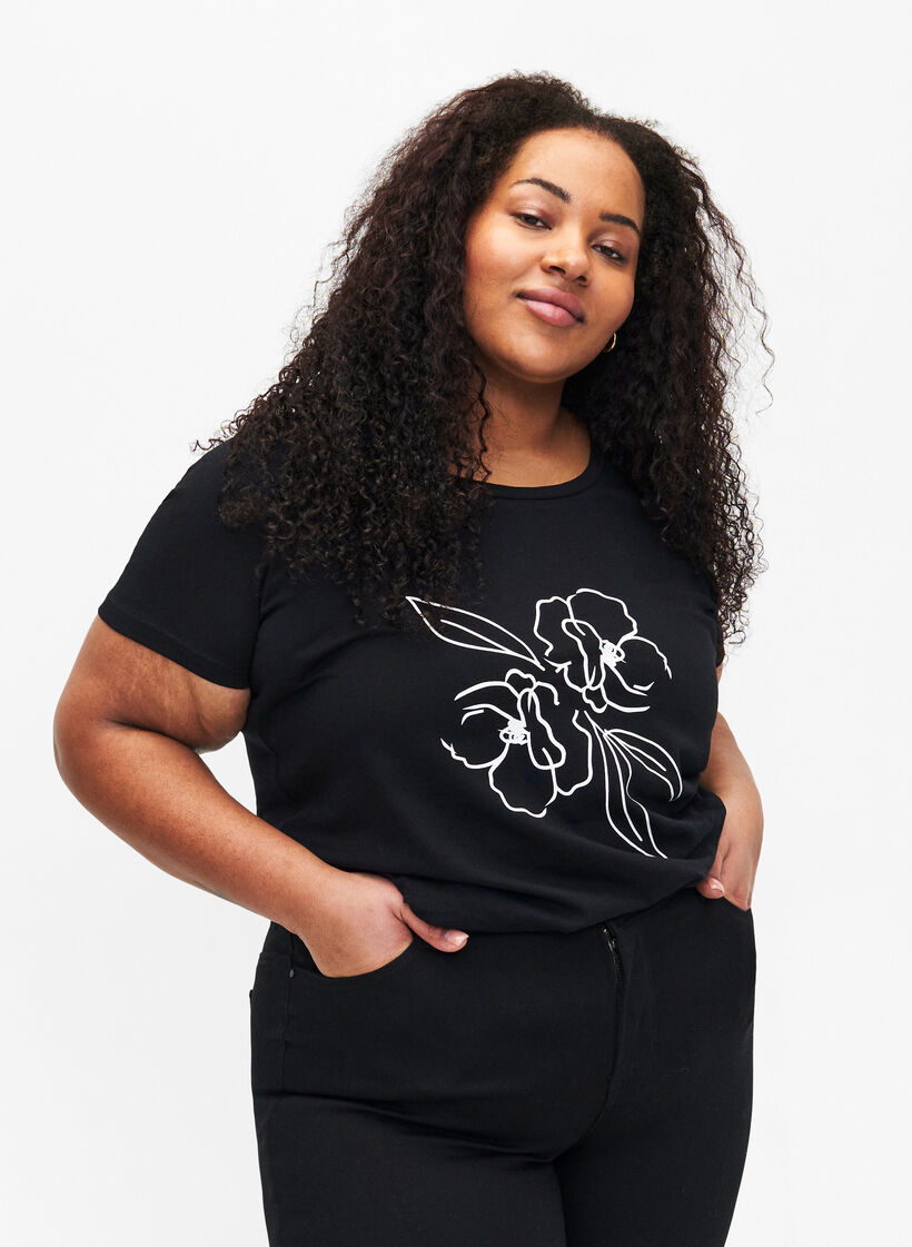 Bomulds t-shirt med motiv, Black w. Flower, Model image number 0