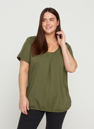 Kortærmet t-shirt med rund hals og blondekant, Ivy Green, Model image number 0