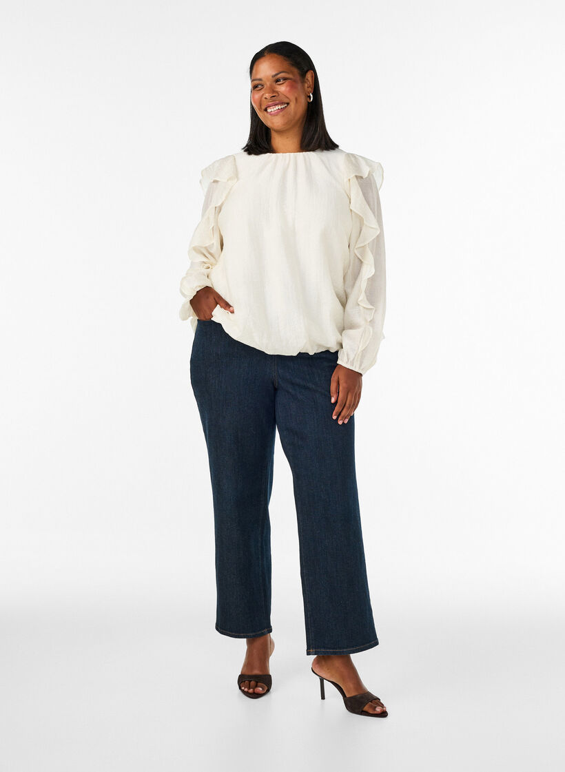 Bluse med fl&aelig;ser og ballonform, Vanilla, Model image number 1