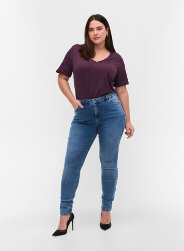 Super slim Amy jeans i bomuldsmix, Blue denim, Model image number 0