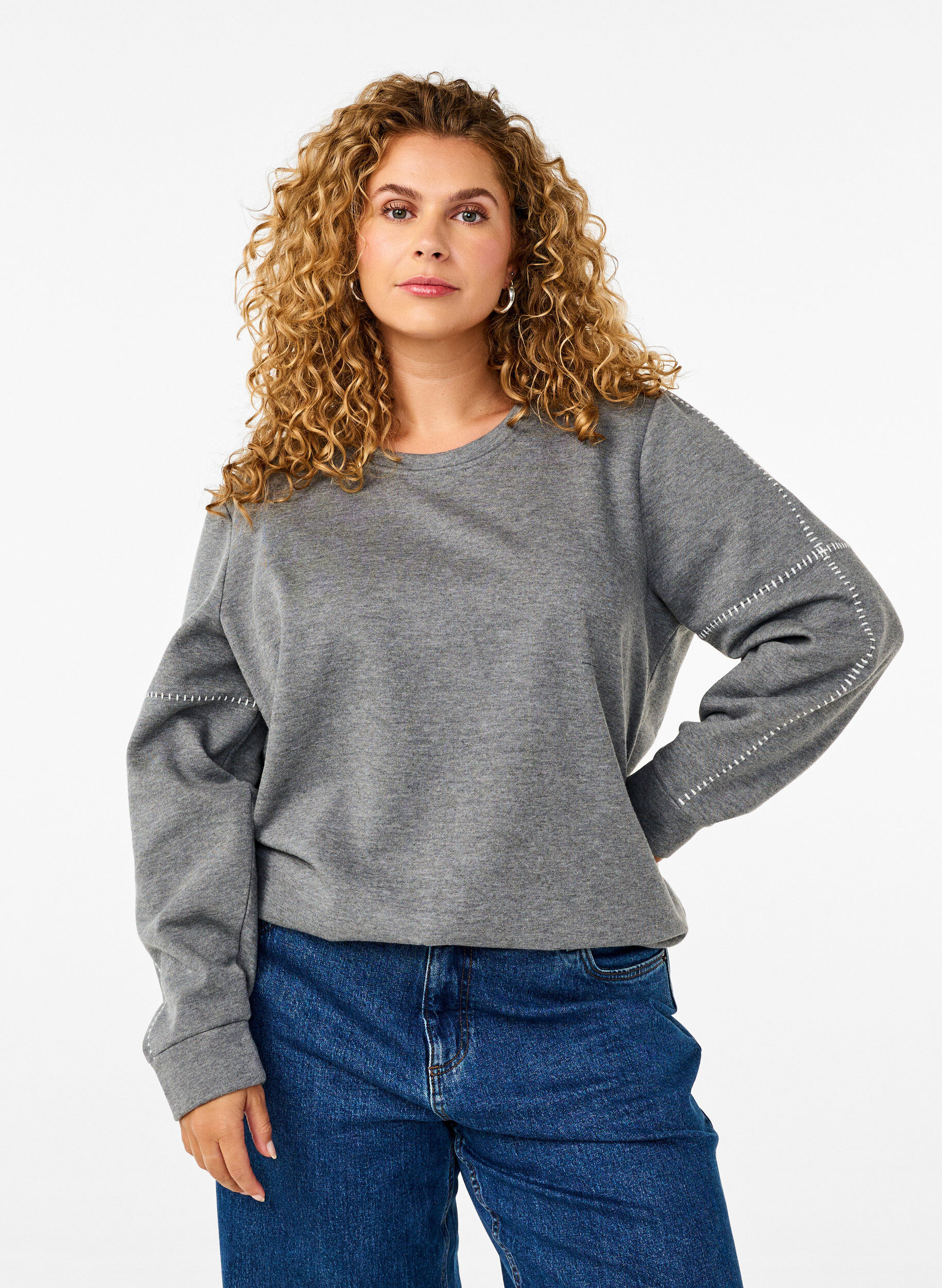 Zizzi Sweatshirt med kontrastsyninger, Medium Grey M&eacute;l, Model image number 0