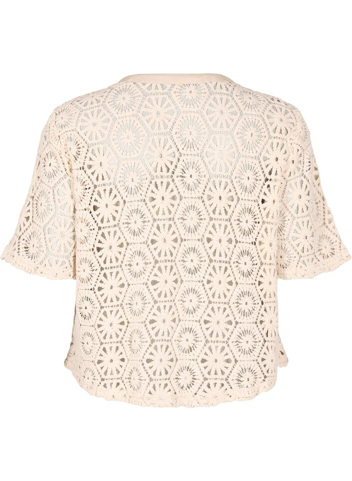 Crochet cardigan med korte ærmer, Beige, Packshot image number 1